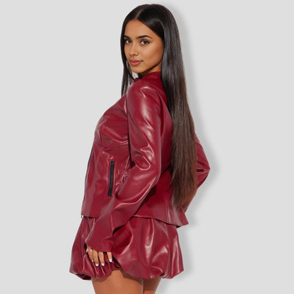 Faux Leather Bubble Skort Set - Burgundy