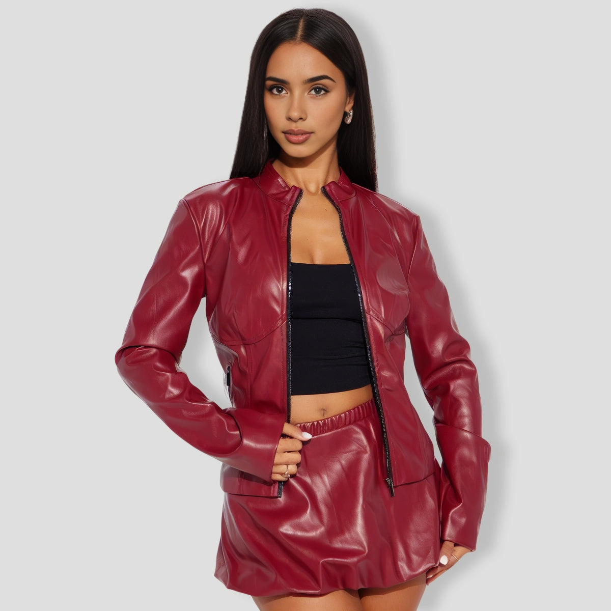 Faux Leather Bubble Skort Set - Burgundy