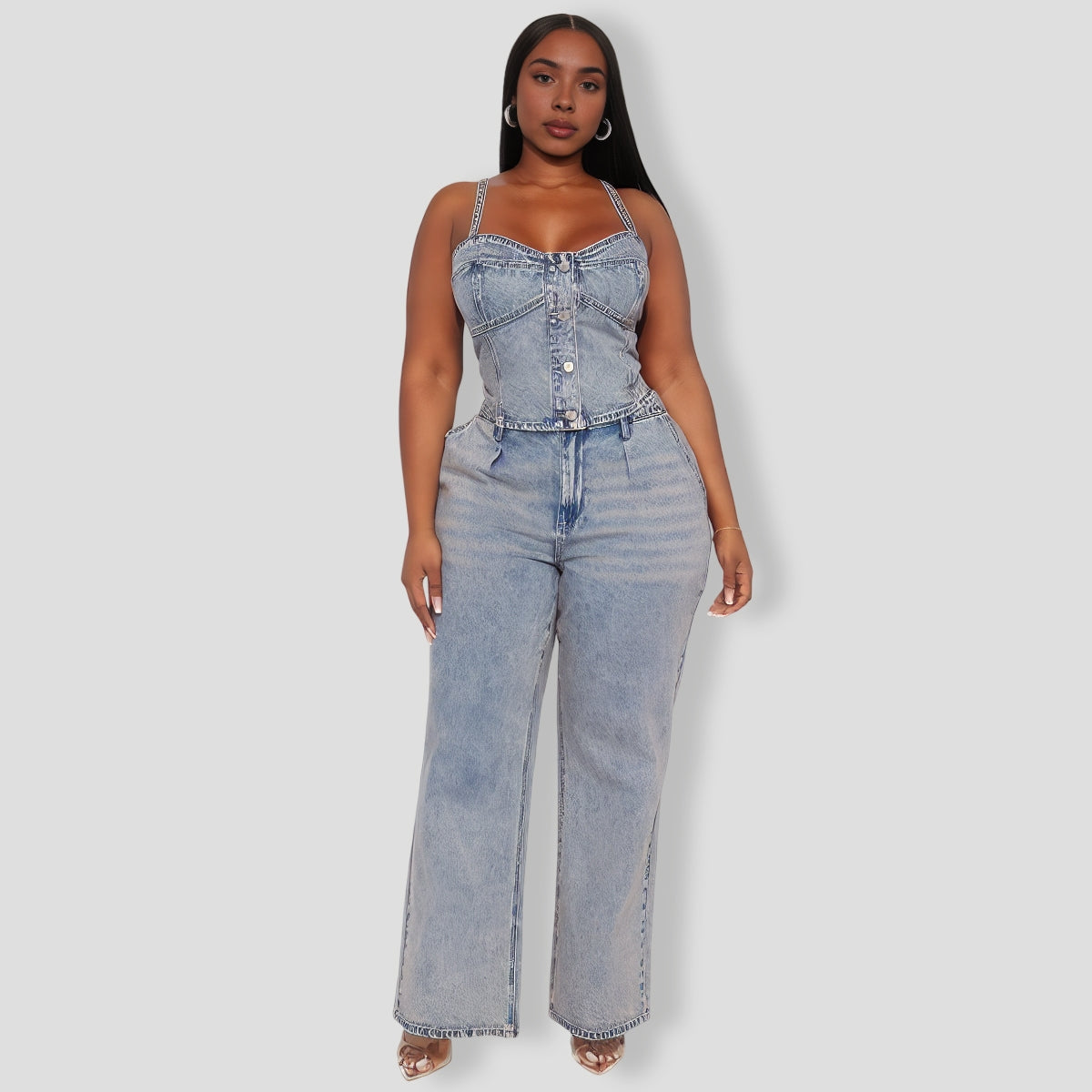 Embellished Vintage Wash Denim Pants Set