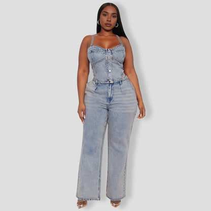 Embellished Vintage Wash Denim Pants Set