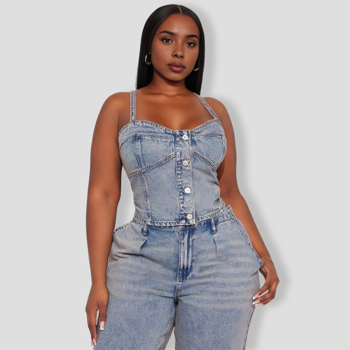 Embellished Vintage Wash Denim Pants Set