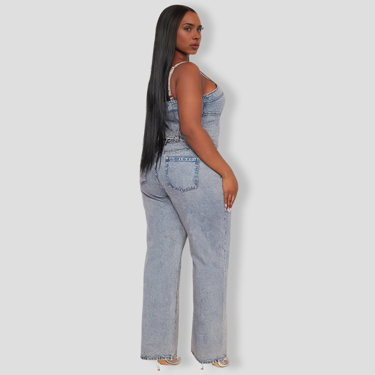 Embellished Vintage Wash Denim Pants Set