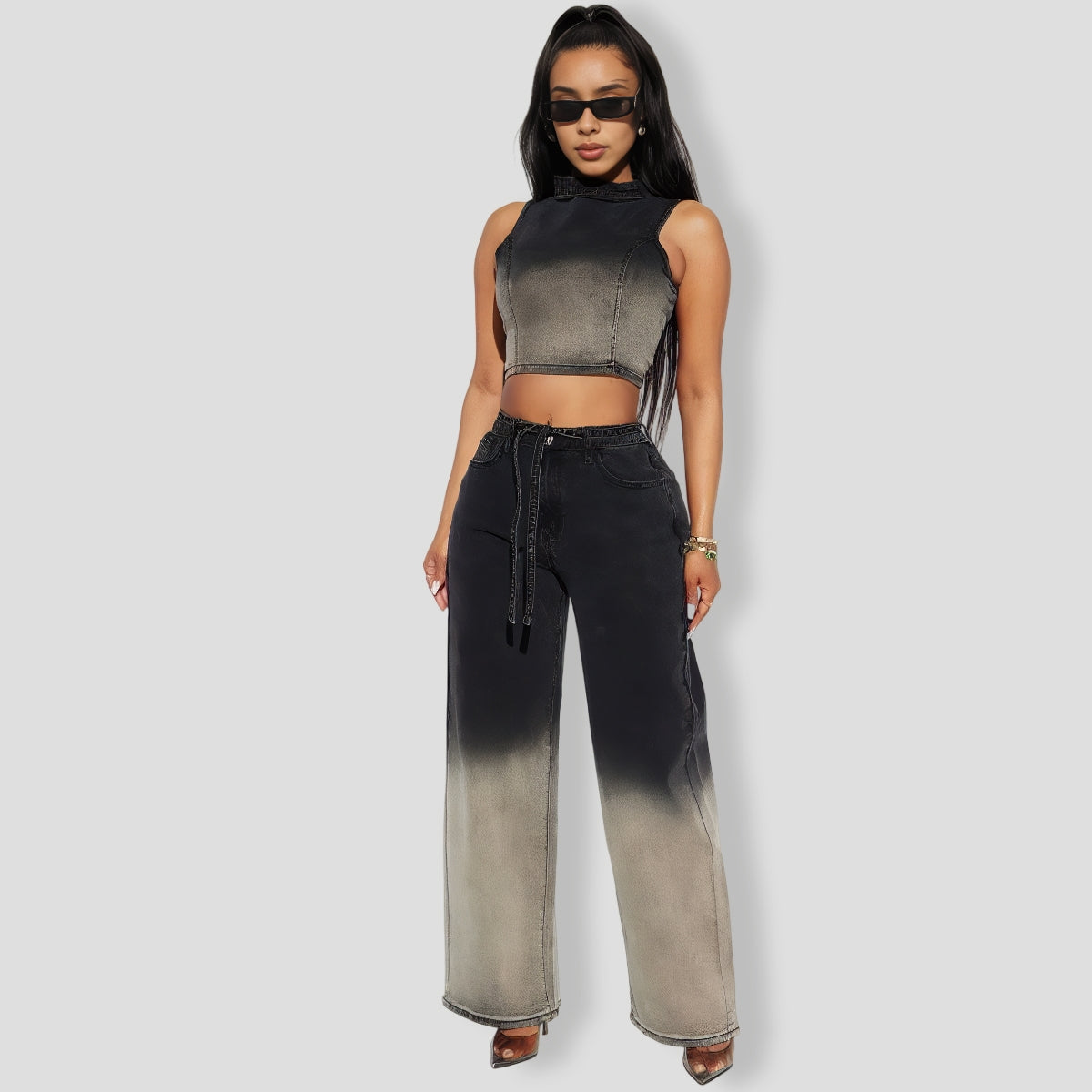 Black Combo Denim Pants Set