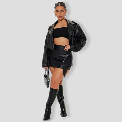 Fringe Faux Leather Skirt Set - Black