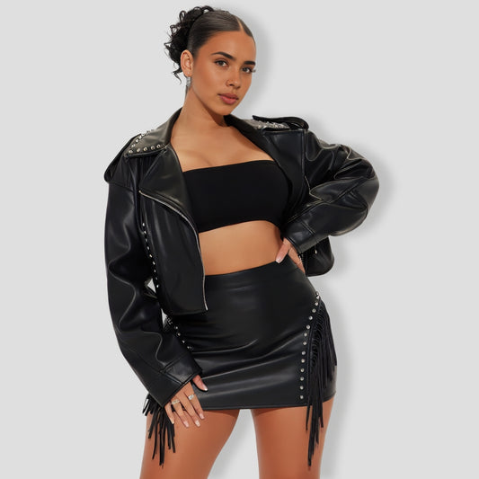 Fringe Faux Leather Skirt Set - Black