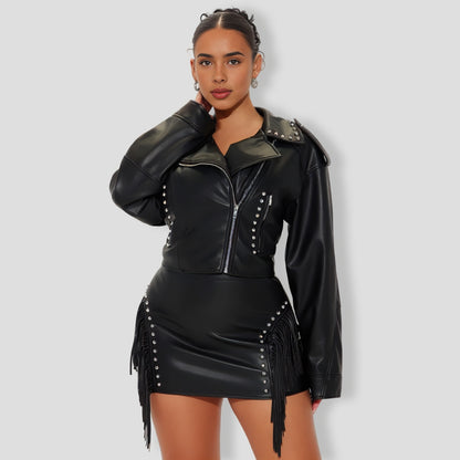 Fringe Faux Leather Skirt Set - Black
