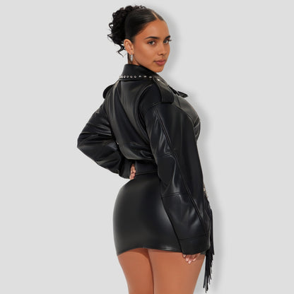 Fringe Faux Leather Skirt Set - Black