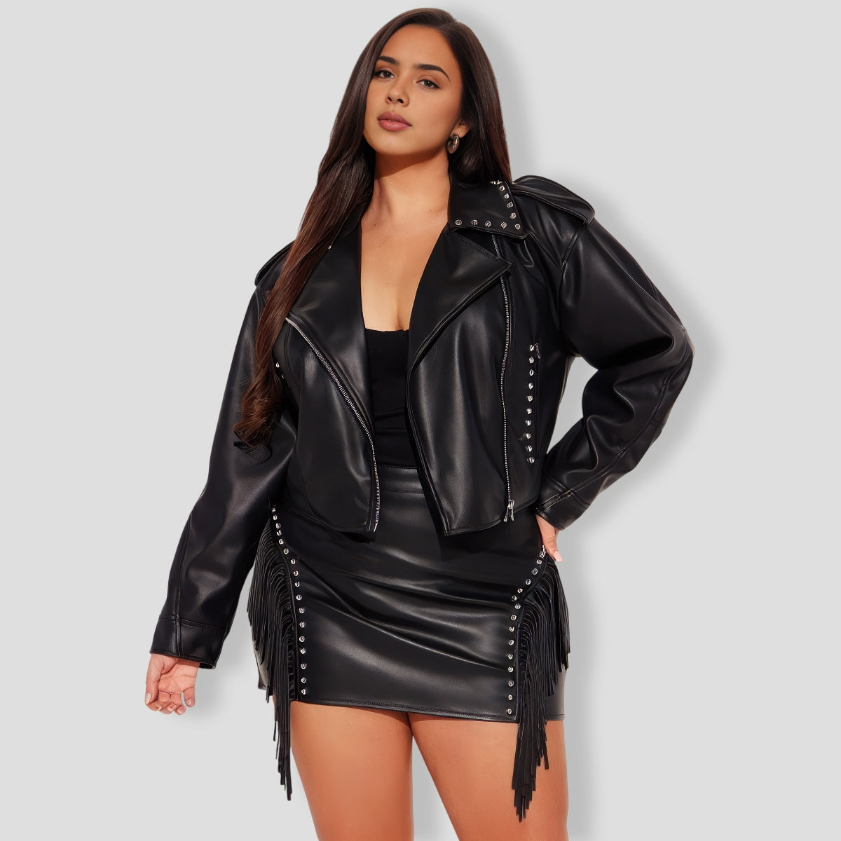 Fringe Faux Leather Skirt Set - Black