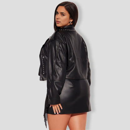 Fringe Faux Leather Skirt Set - Black