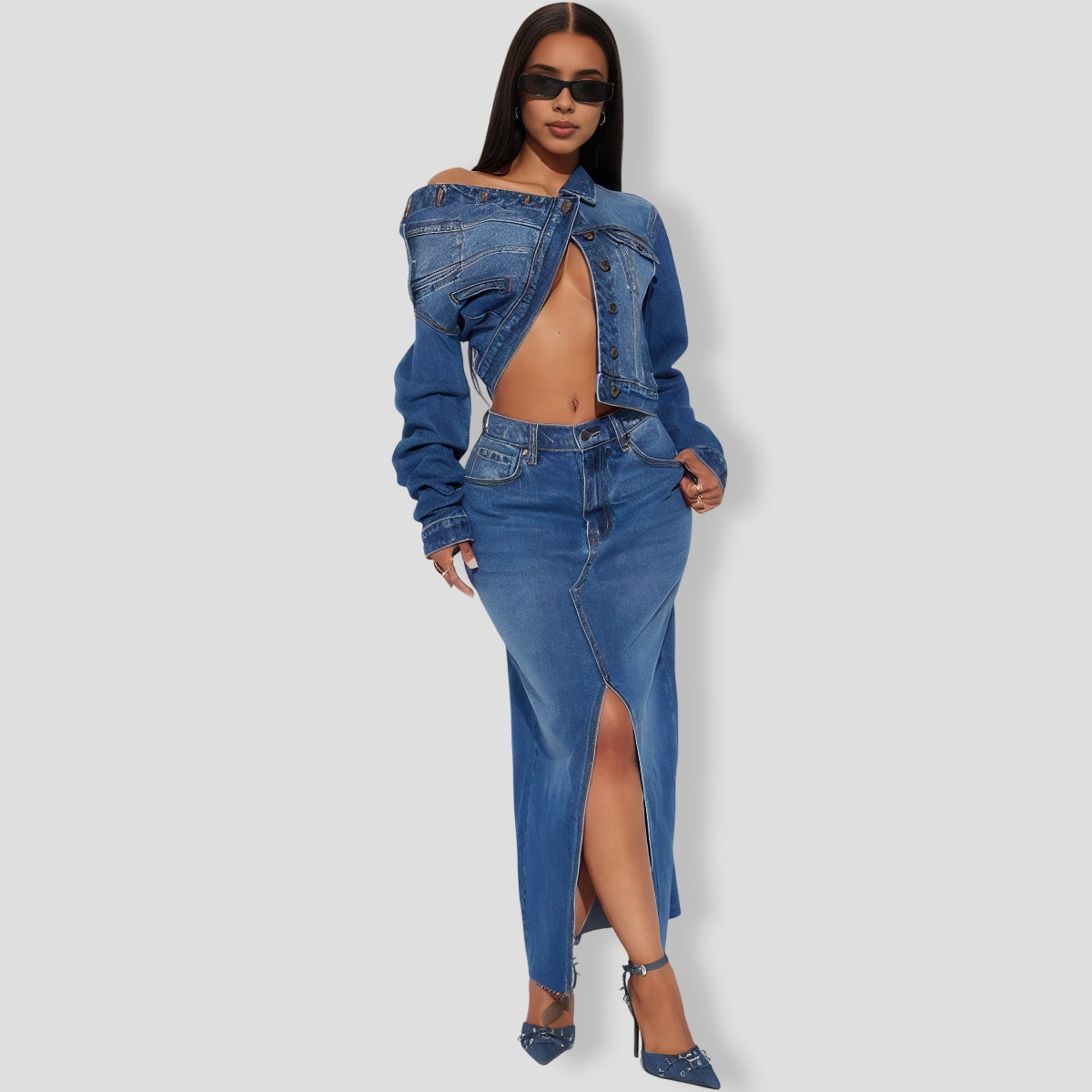 Bailey Denim Maxi Skirt Set - Medium Wash