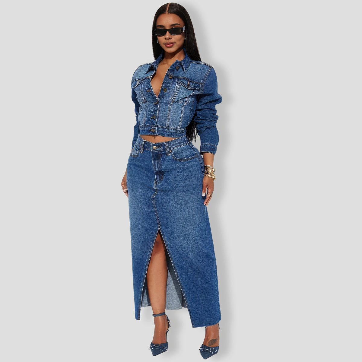 Bailey Denim Maxi Skirt Set - Medium Wash