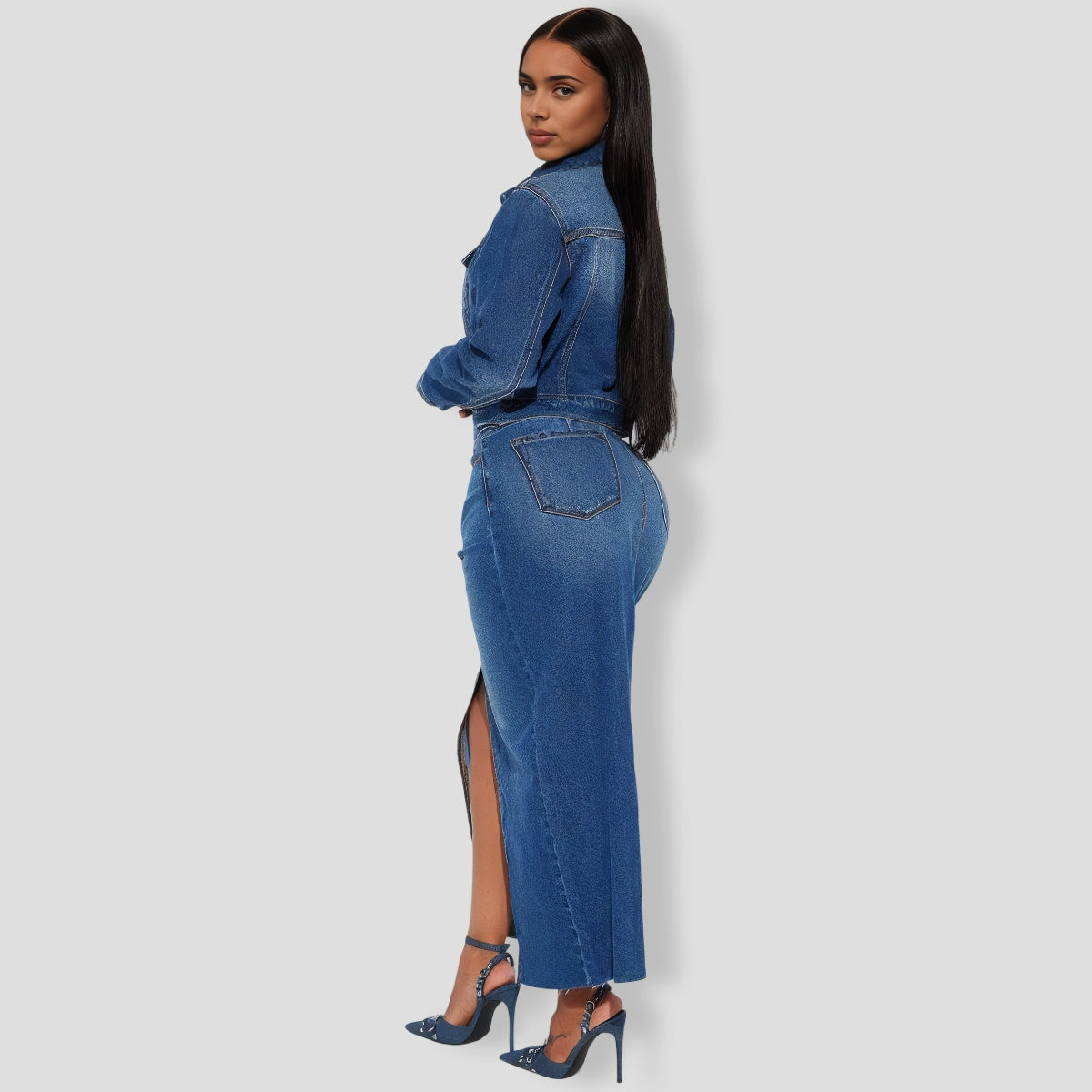 Bailey Denim Maxi Skirt Set - Medium Wash