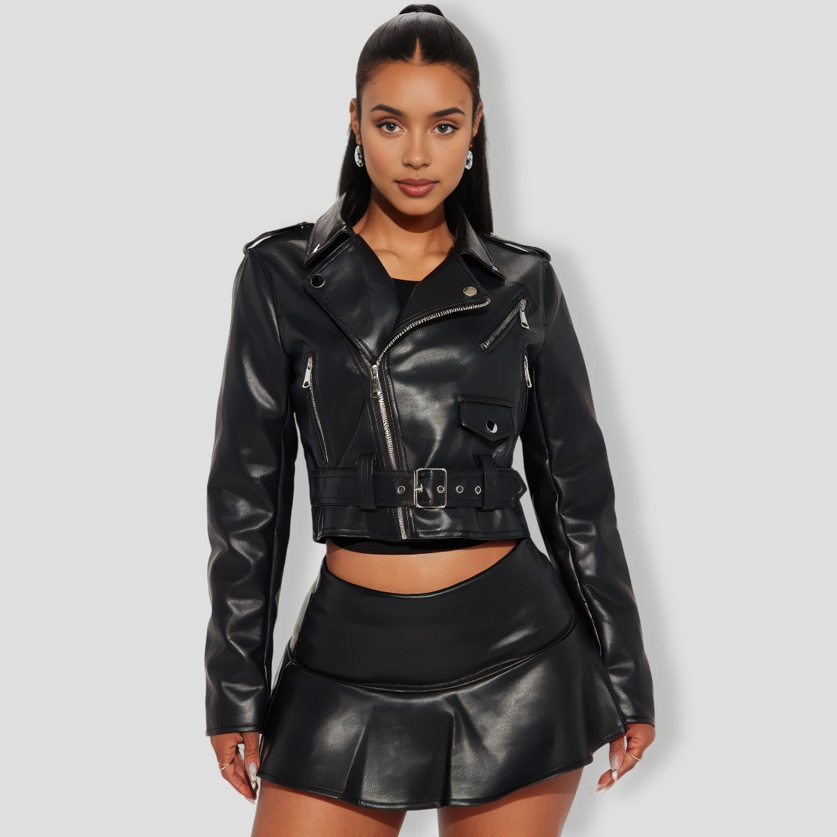 Biker Babe Faux Leather Skort Set - Black