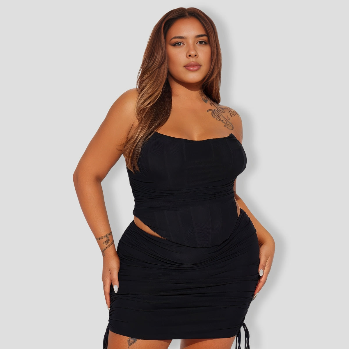 Bombshell Ruched Mini Skirt Set - Black