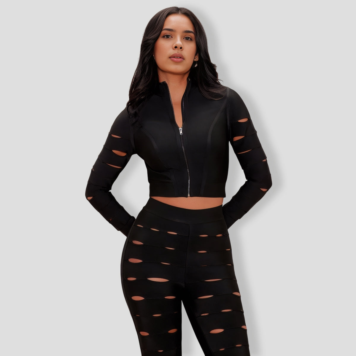 Brielle Zip Up Bandage Pant Set - Black