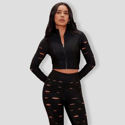 Brielle Zip Up Bandage Pant Set - Black