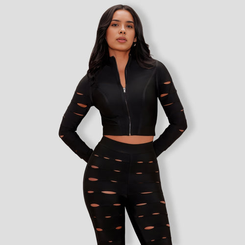 Brielle Zip Up Bandage Pant Set - Black