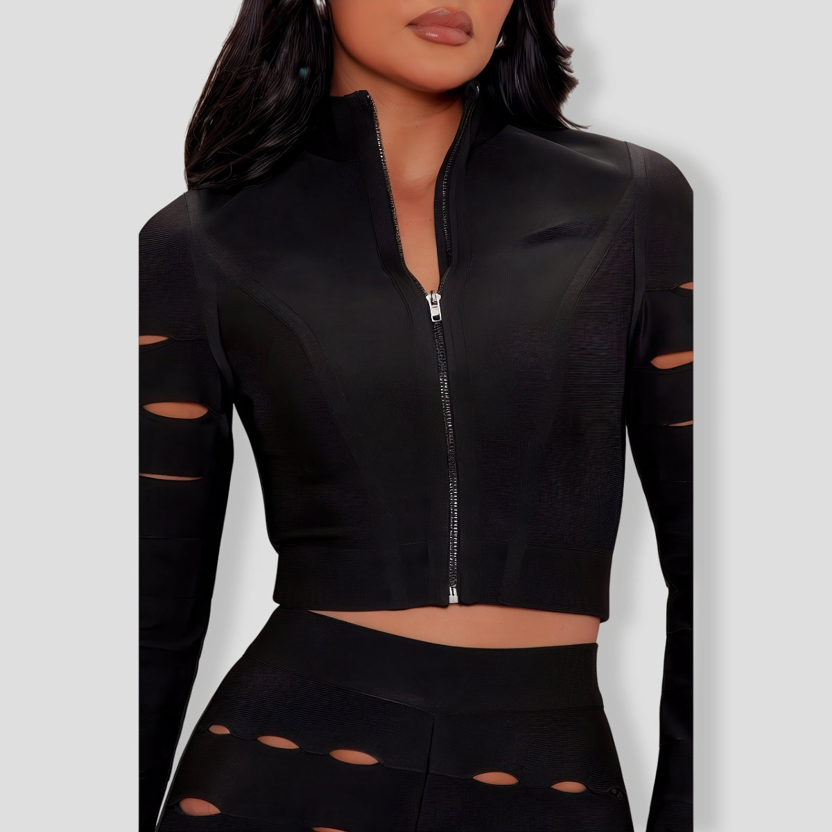 Brielle Zip Up Bandage Pant Set - Black