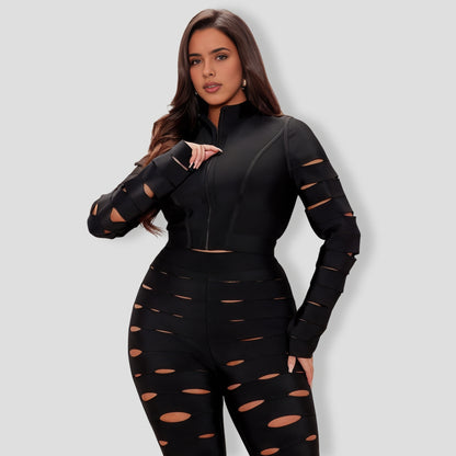 Brielle Zip Up Bandage Pant Set - Black