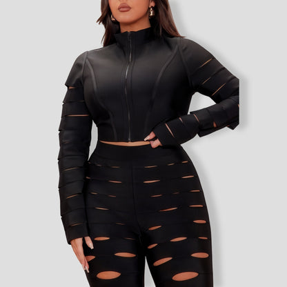 Brielle Zip Up Bandage Pant Set - Black