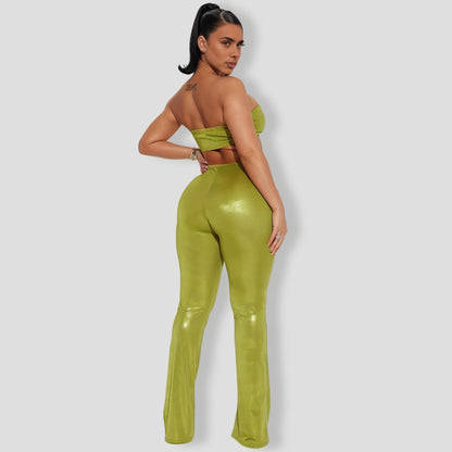 By Your Side Mettalic Pant Set - Chartreuse