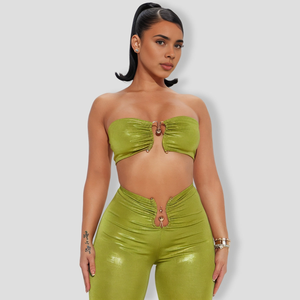 By Your Side Mettalic Pant Set - Chartreuse