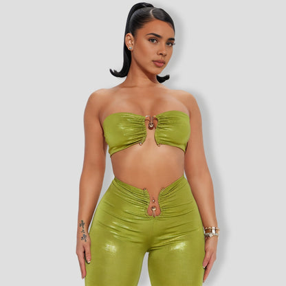 By Your Side Mettalic Pant Set - Chartreuse