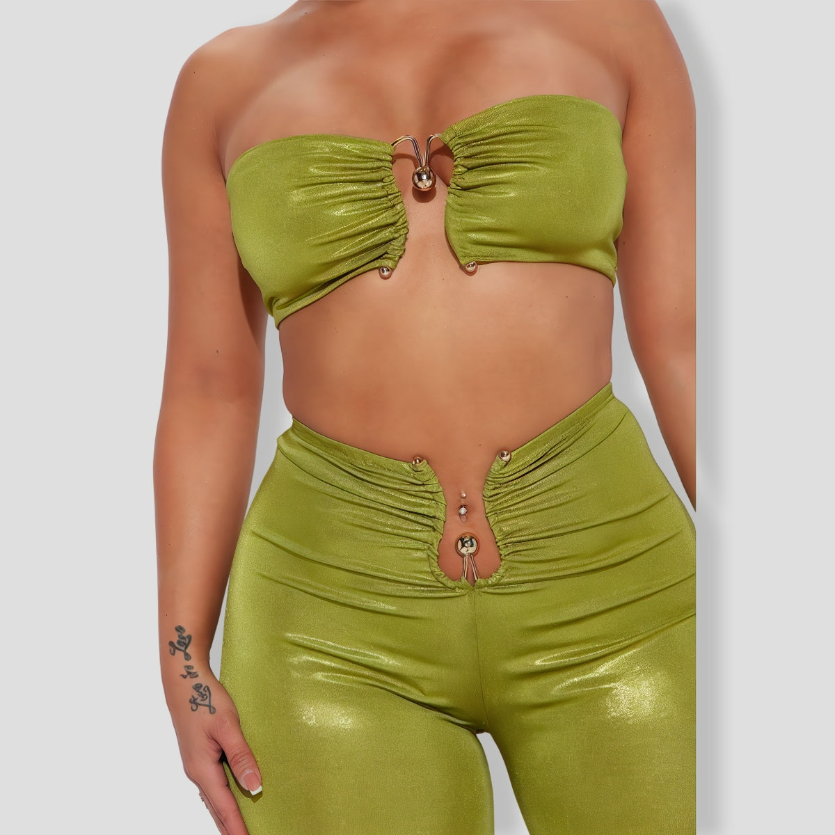 By Your Side Mettalic Pant Set - Chartreuse