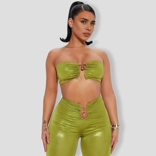 By Your Side Mettalic Pant Set - Chartreuse