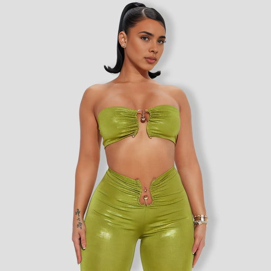 By Your Side Mettalic Pant Set - Chartreuse