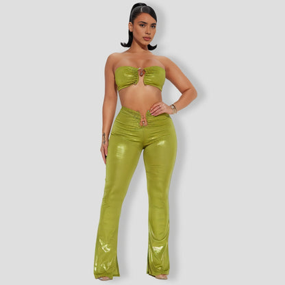 By Your Side Mettalic Pant Set - Chartreuse