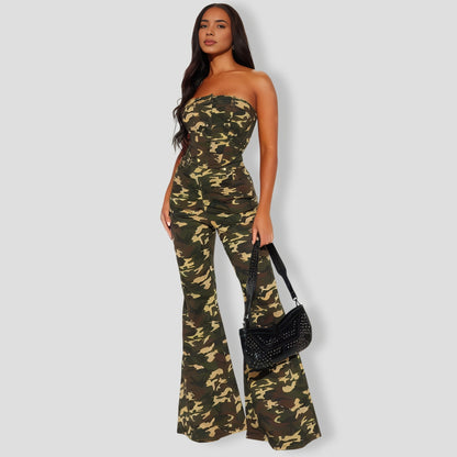 Camo Babe Flare Leg Pant Set - Olive combo
