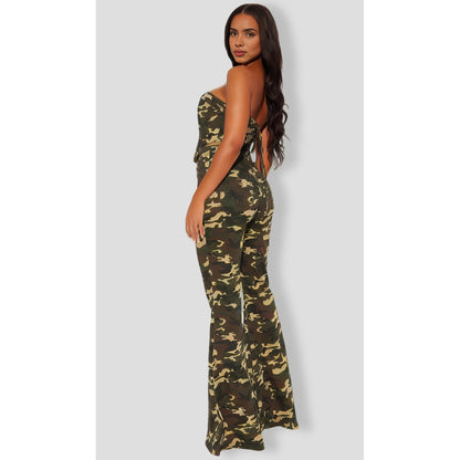 Camo Babe Flare Leg Pant Set - Olive combo