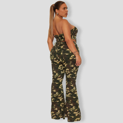 Camo Babe Flare Leg Pant Set - Olive combo