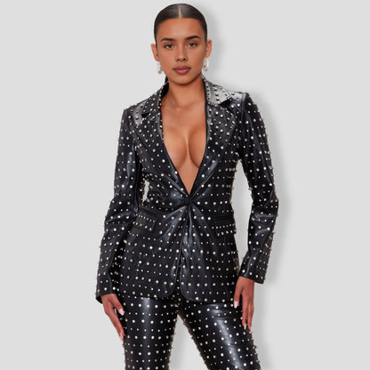 Caralynn Embellished Faux Leather Blazer - Black