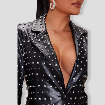Caralynn Embellished Faux Leather Blazer - Black
