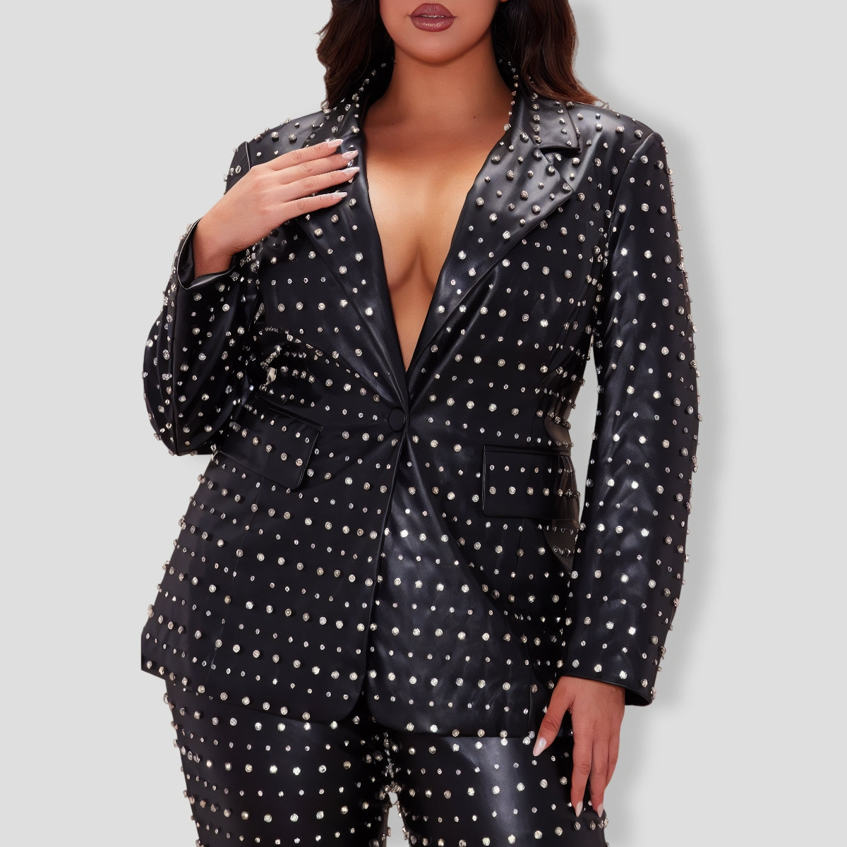 Caralynn Embellished Faux Leather Blazer - Black