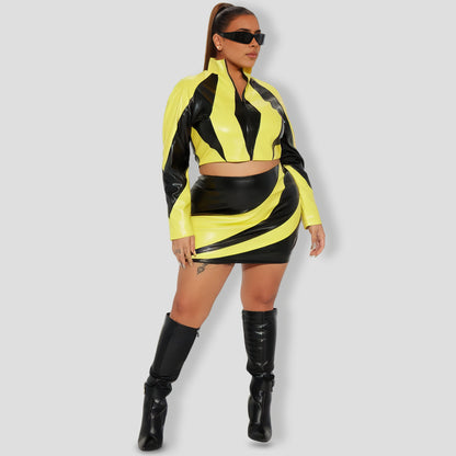 Catch A Ride Faux Leather Skirt Set - BlackYellow