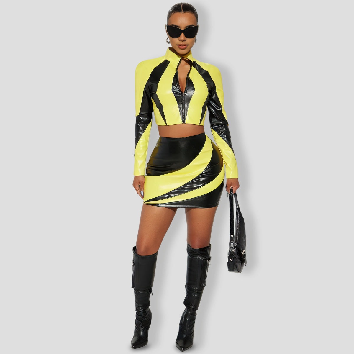 Catch A Ride Faux Leather Skirt Set - BlackYellow