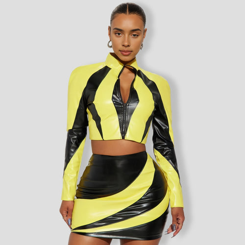 Catch A Ride Faux Leather Skirt Set - BlackYellow