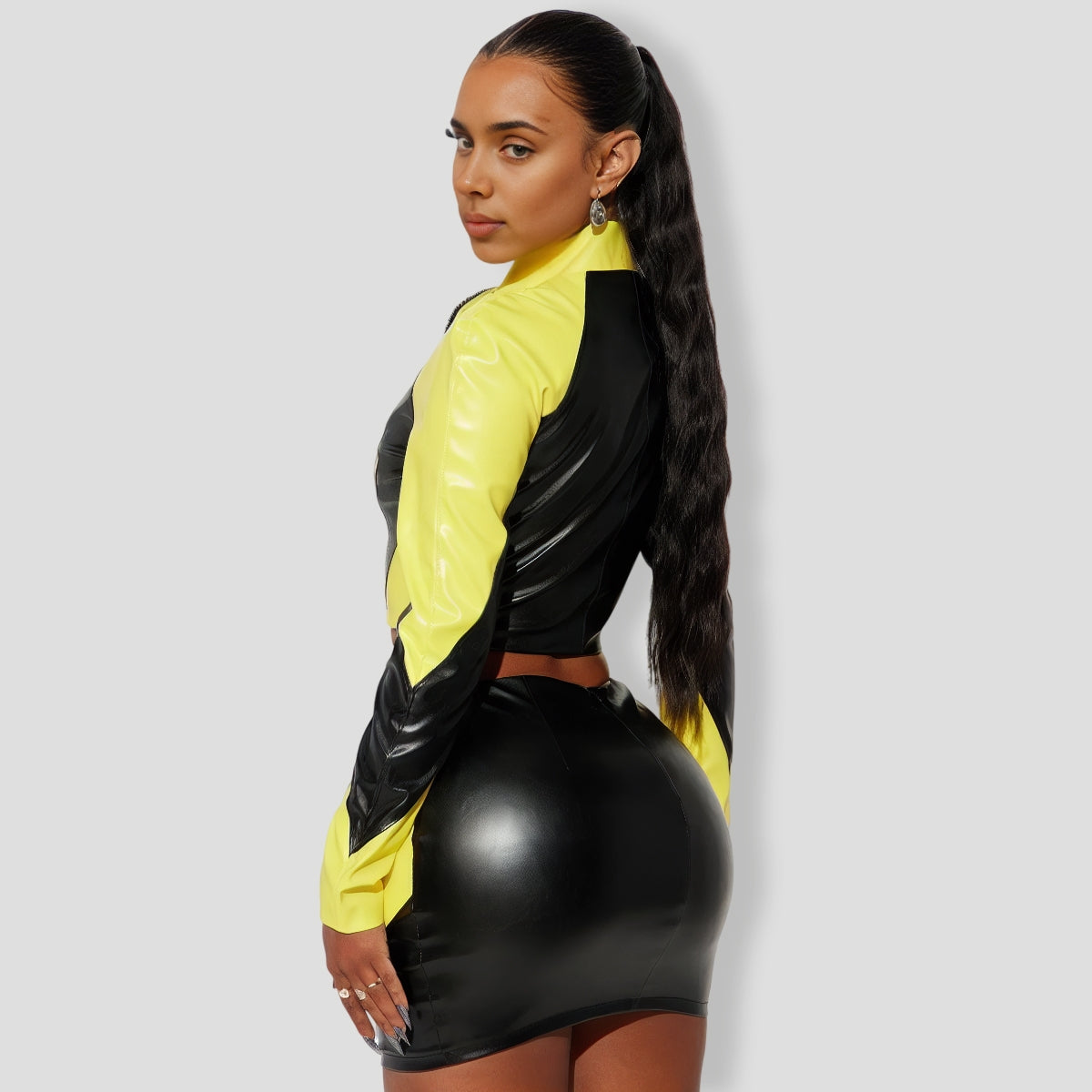 Catch A Ride Faux Leather Skirt Set - BlackYellow