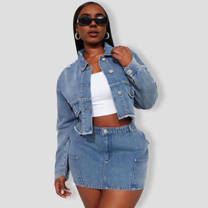 Catch Me Later Denim Skirt Set - Blue
