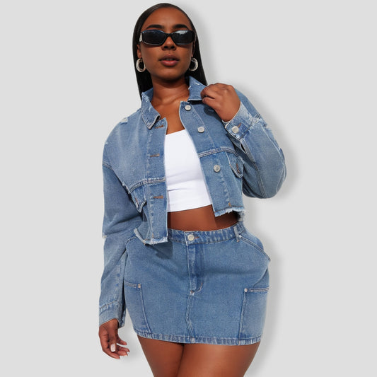 Catch Me Later Denim Skirt Set - Blue