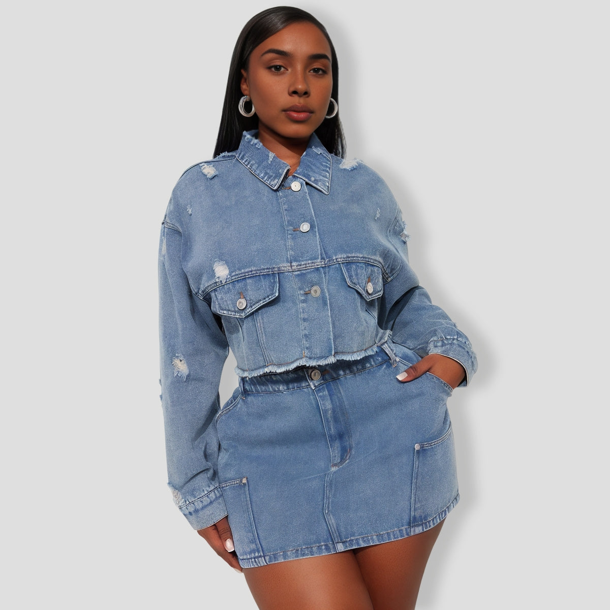 Catch Me Later Denim Skirt Set - Blue