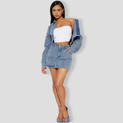 Catch Me Later Denim Skirt Set - Blue