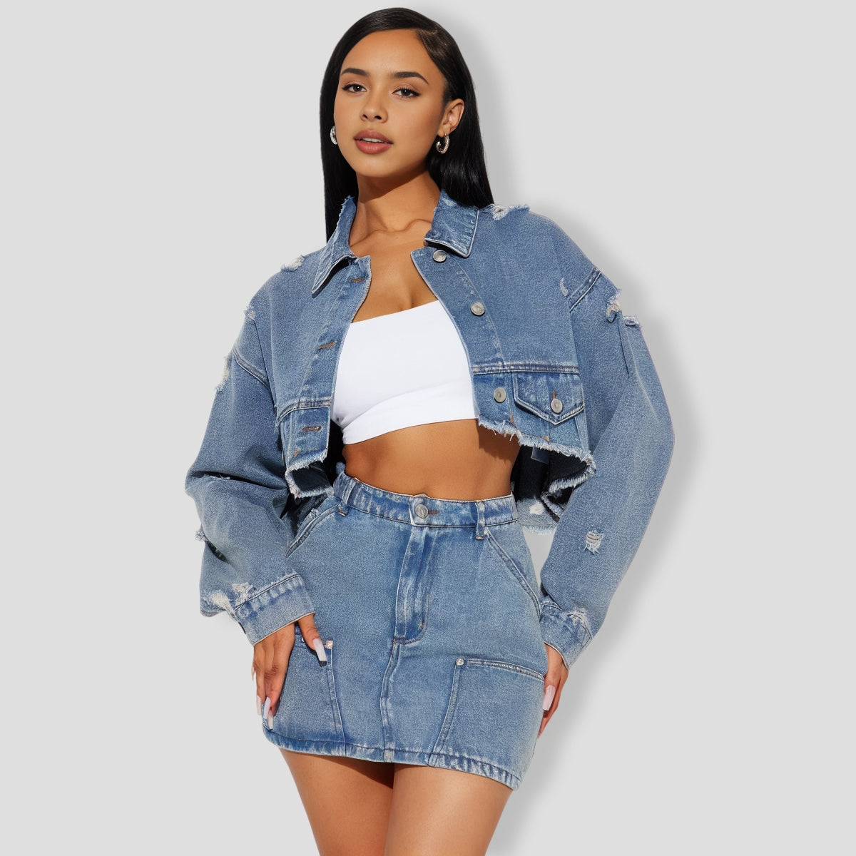 Catch Me Later Denim Skirt Set - Blue