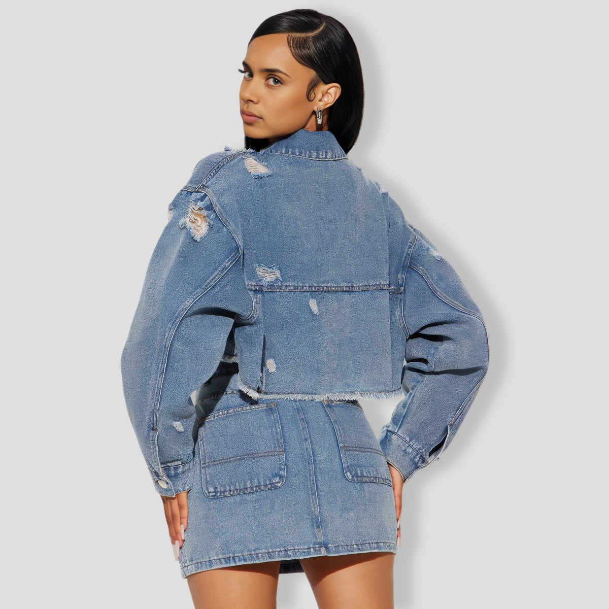 Catch Me Later Denim Skirt Set - Blue