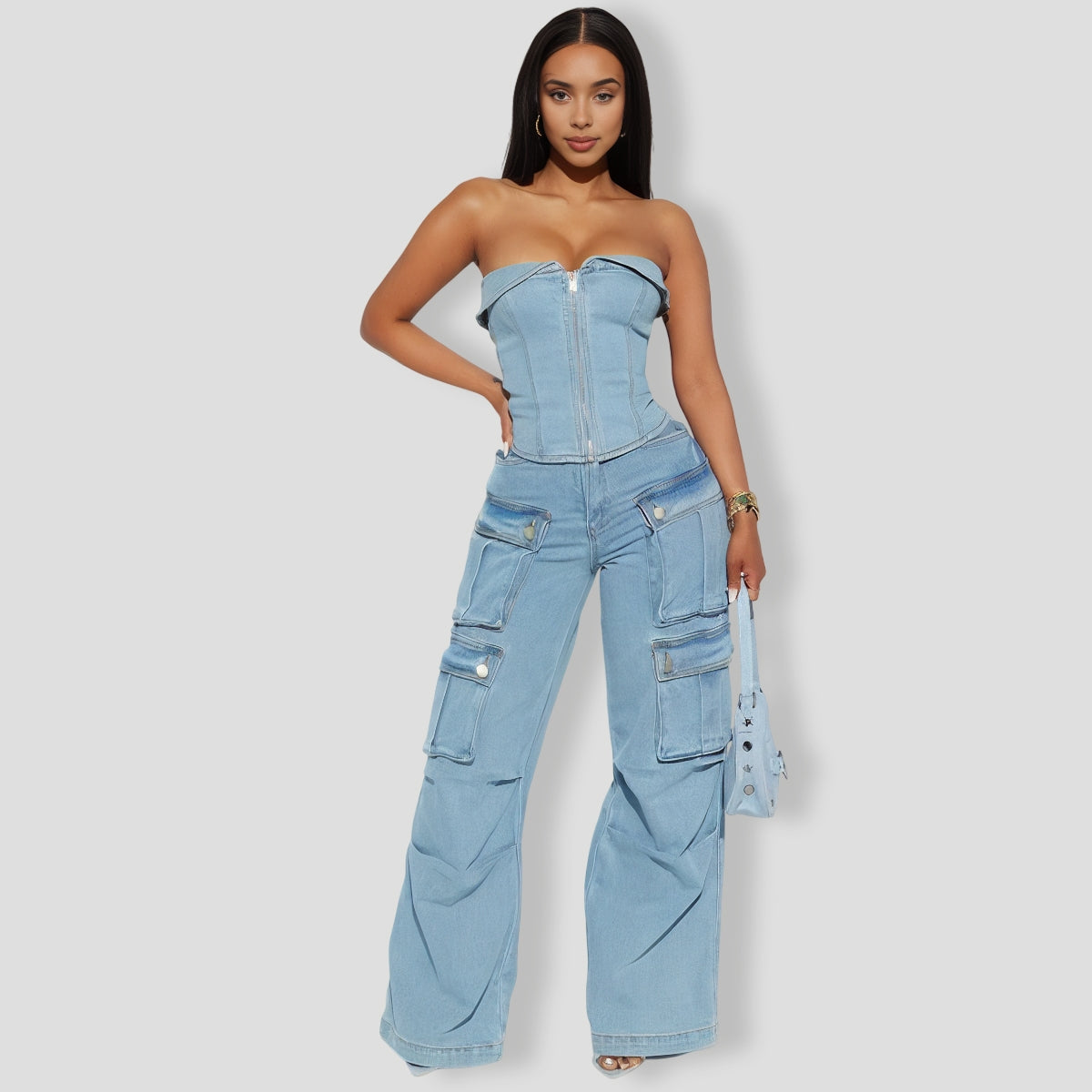 Ciara Denim Pant Set - Light Wash