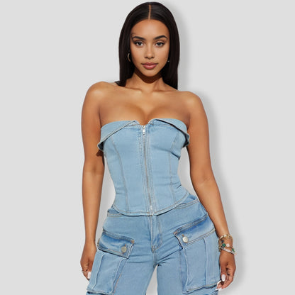 Ciara Denim Pant Set - Light Wash