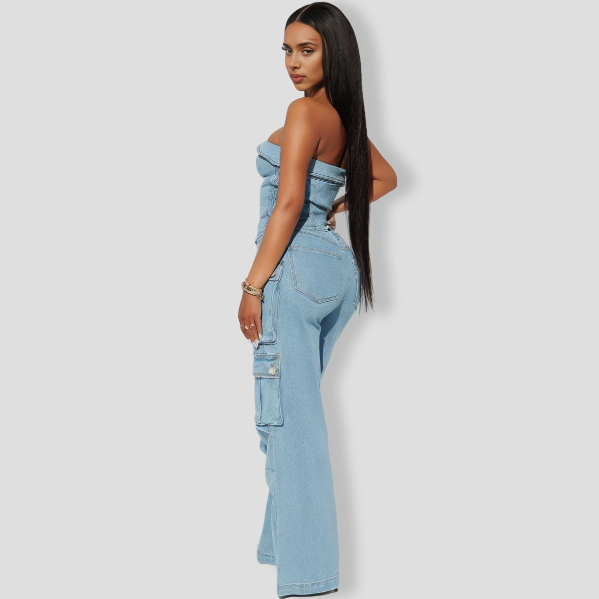 Ciara Denim Pant Set - Light Wash